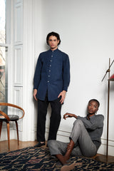 Drop-Sleeve Monk Shirt in Silver Grey Silk-Linen