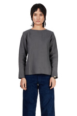 Long-Sleeved Tee in Grey Silk-Linen