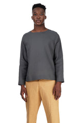 Long-Sleeved Tee in Grey Silk-Linen