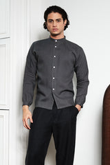 Drop-Sleeve Monk Shirt in Silver Grey Silk-Linen