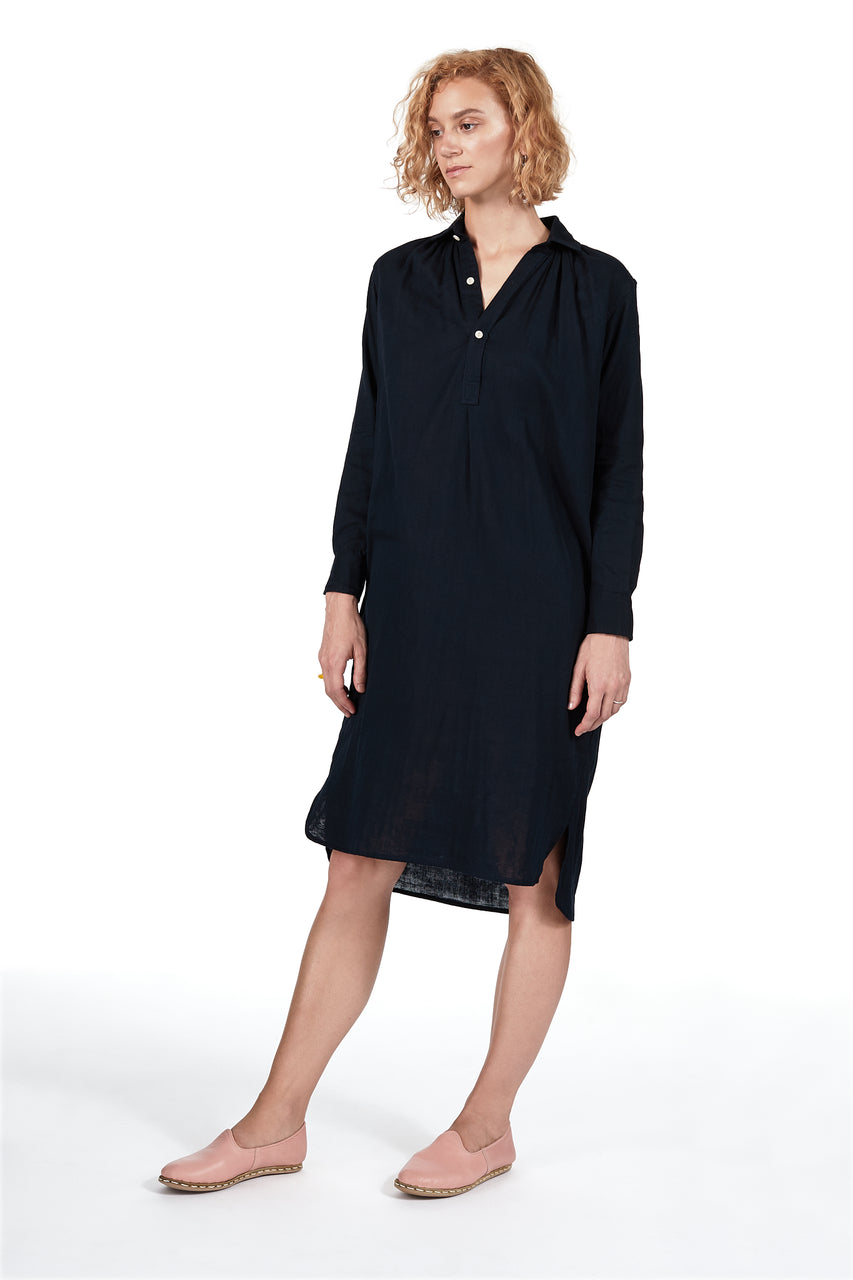 New French Dress in Navy Double-cloth Gauze